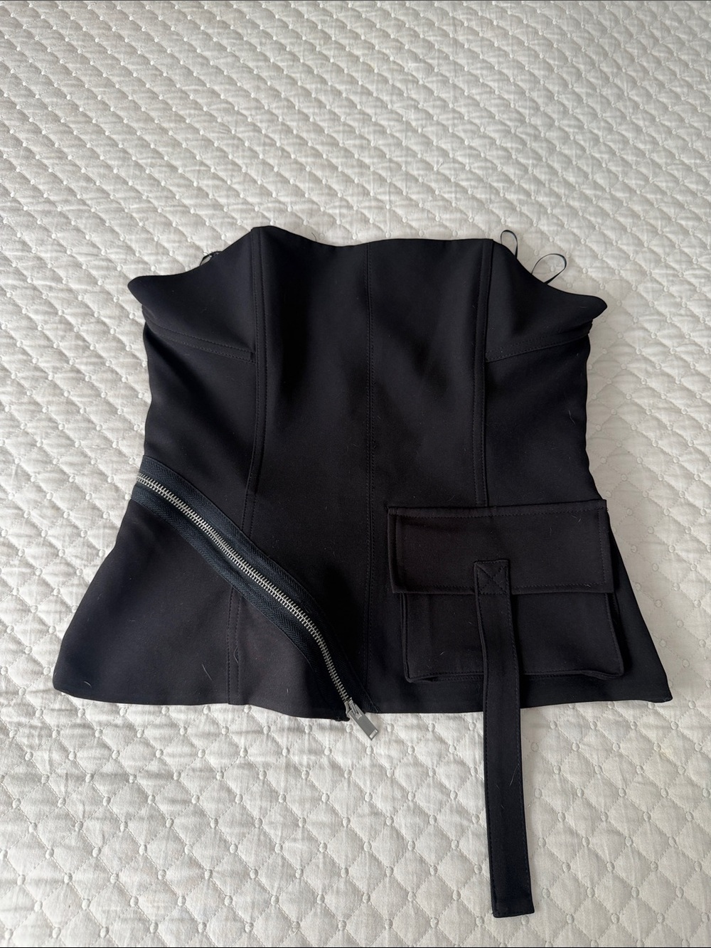 Zara Black Strapless Corset Top with Asymmetric Zip and Pocket